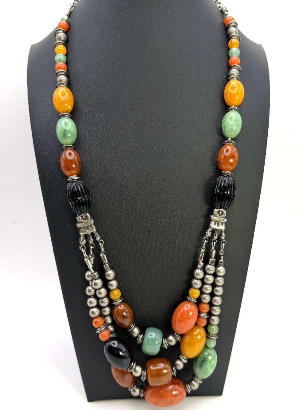 Vintage Chunky Resin Bead Necklace Multi Strand Orange Green Silver Tone 124g